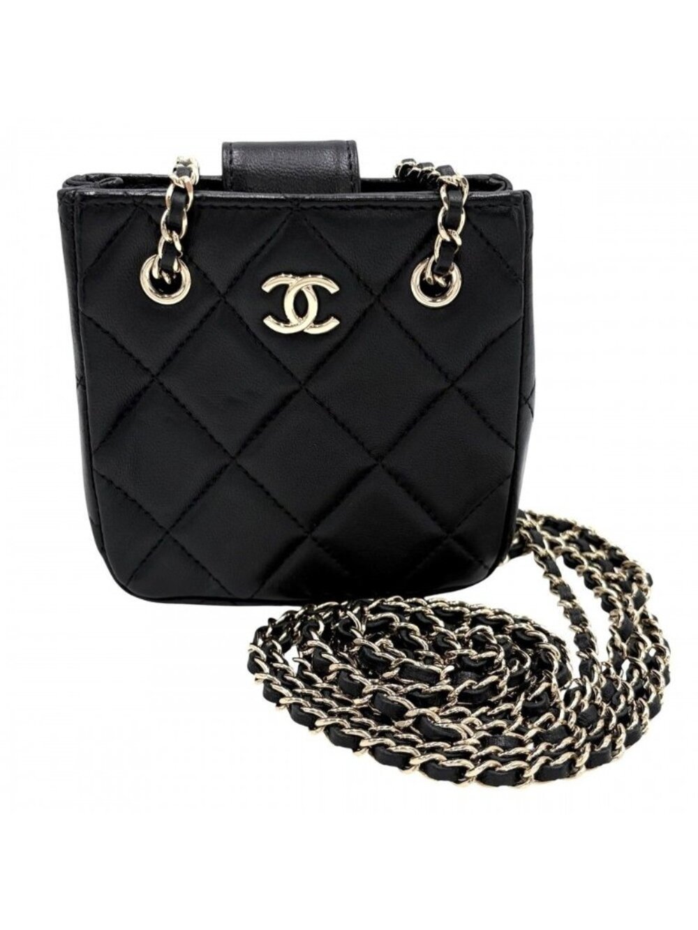 Chanel Shoulder Bag Mini Pochette CC Logo Crossbody Quilted Leather Black Gold